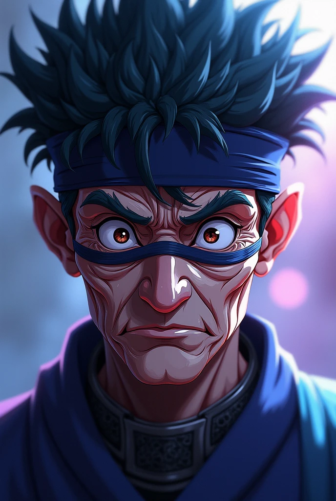 A drawing of a man with a red headband wearing a blue shirt, Akira's Tetsuo, Akira Toriyama style, Street Fighter's Ryu, King of Fighters' character, futuristic Tetsuo. Digital illustrative image in 3 D, resolution 5 K, 8 K.
