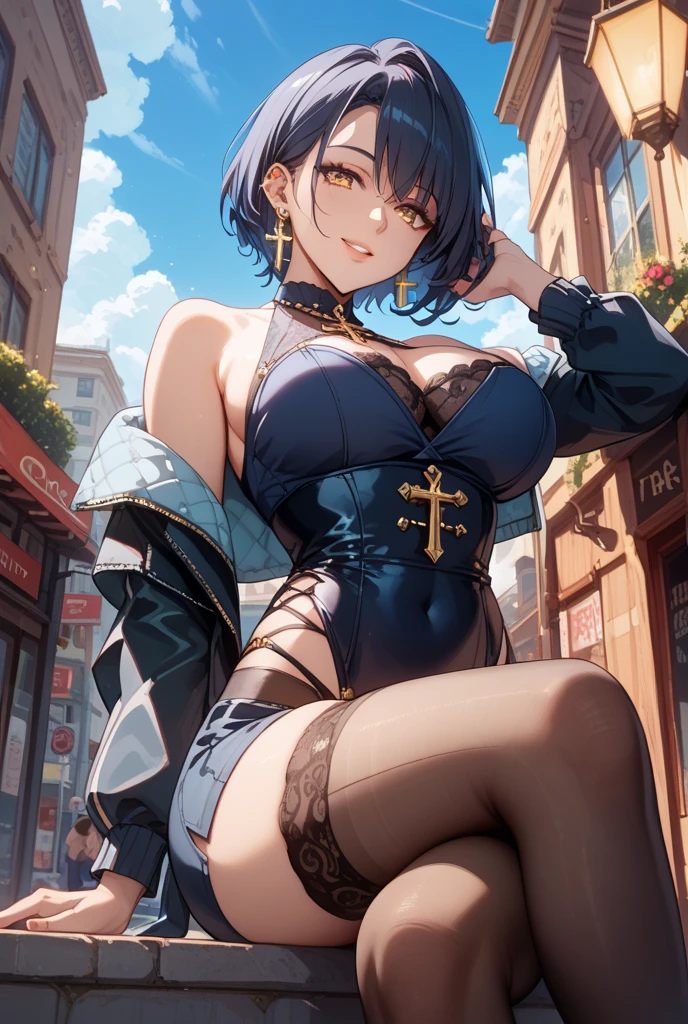 (dynamic angle:1.3, front view:1.1, breast focus:1.3, from below:1.2), (dynamic posing:1.5, sexy posing:1.2, leaning forward), (seductive smiling:1.3),(*K) HD, highest quality, Anime style beutiful woman, 1girl,fullbody, happy, (with sparkling eyes and a contagious smile:1.2), red face, closed mouth, beautiful detailed eyes, super detailed skin, backlighting, bare shoulders, black background, black dress, black gloves, black hair, breasts, dress, earrings, fingerless gloves, floating hair, floral print, flower, gloves, gold earrings, gold hairband, hair flower, hair ornament, hairband, holding, holding two-hands weapon, jewelry, large breasts, long hair, looking at viewer, off-shoulder dress, off shoulder,red eyes, short hair with long locks, sidelocks, solo, spikes, thighs, two-sided dress, two-sided fabric, weapon, fighting stance , face, close up, from above, highest quality, high resolution,Real World, Natural light,perfect Natural light,looking at viewer,