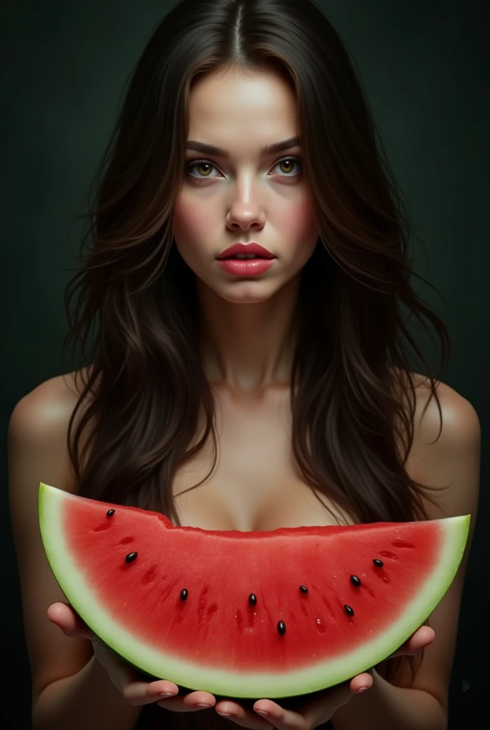 (Fantasy watermelon masterpiece looks like naked woman, ethereal naked watermelon fruit, wide eyes, open mouth, sharp teeth:1)