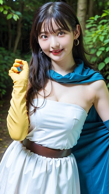((best quality, 8k, master piece:1.3)), concentrated:1.2, beautiful woman with perfect figure:1.4, cocked ass:1.2, ((cut hair in layers, beautiful breasts:1.2)),(rain, Street style:1.3), bandeau dress:1.1, Highly detailed face and skin texture, detailed eyes, double eyelid，whiten skin，blue long hair､Super realistic､realistic table top, highest quality, super detailed, figure, sage_(dq3), 1 girl, (holding staff, staff:1.3), alone, long hair, blue hair, circlet, red eyes, normal breast, yellow gloves, white dress, belt bag, cape, Knee-high boots, cleavage, bare shoulders, underwear,grassy area, wind lift,  background, white backgroundスーパーライブアクション,(8K,RAW photo, highest quality, masterpiece:1.2), cinematic light, (finely become familiar with face:1.2), (masterpiece:1.5), (highest quality:1.2), (looking at the viewer:1.2), (art station:1.2), dramatic, epic real, 超Complexディテール, become familiar with, [[rutkowski]], ( highly become familiar with CG wallpaper Unity 8k), art stationで人気の, Popular on CGSociety, Complex, High resolution, sharp focus, dramatic,  very sharp lines, realistic pictures, 緻密なmasterpiece, elegant, clear focus, written boundary depth, movie wallpaper, face focus, Physically based rendering, photon mapping, Physically based rendering, (((looking at camera))), (((Bokeh (background))), (The gentle face of a 17 year old girl:1.1),smile, very big and cute eyes