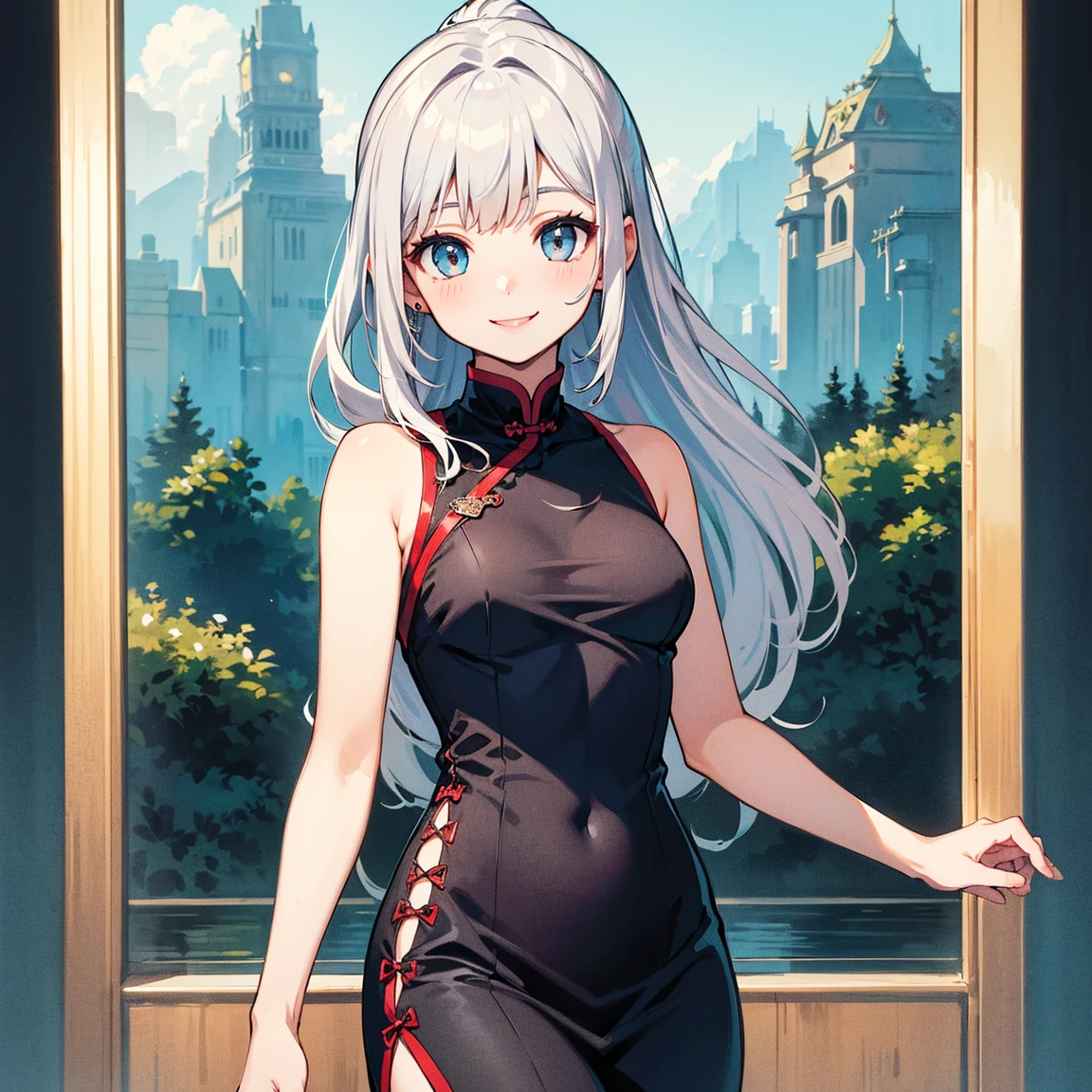 ((masterpiece)), ((best quality)), ((highres)), ((extremely detailed CG unity 8k wallpaper)), solo, (tachibana kanade), chinese dress, qipao, chinese temple, outdoor, temple standing, long hair, pony tail, (parted bangs), silver hair, blush, smile, sexy pose, looking at viewer, cowboy shot, flat chest, small breast,