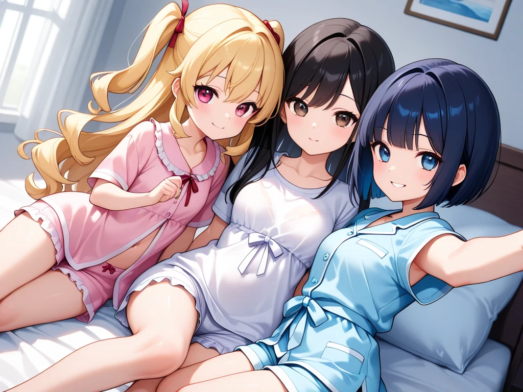 ((Highest quality)), ((masterpiece)), (detailed),Perfect Face,Strong light from the front,With front light,A group of nurses sitting on a hospital bed with their legs spread and their uniforms pulled up, wearing no panties or bras,