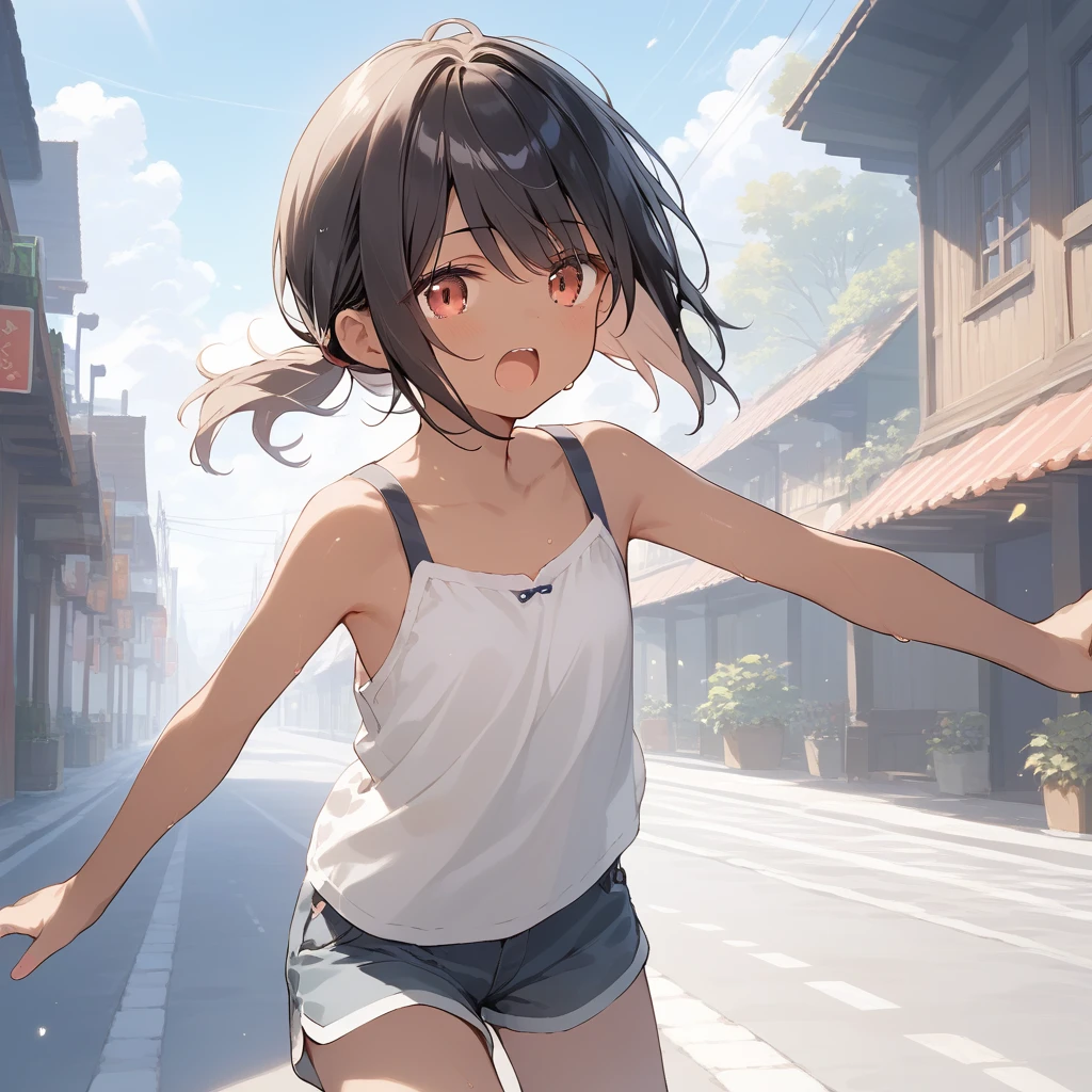 score_9, score_8_up, score_7_up, source_anime, best quality, masterpiece, official art, absurdres, highres, ultra-detailed,waifu2x,Collection: Slice of Life,break,1girl, tomboy, dark-skinned female, short hair, low ponytail, flat chest, beautiful detailed eyes, shorts, sweat, open mouth, (yawn:0.3), sleepily, outdoors, wind,break,(clear line illustration:1.2), super detailed skin,very high resolution, very aesthetic, Best sexual lighting powered by famous artist, 8k,cute picture,beauty illustration,photoshop_(medium),,(Detailed Lighting),best anime 8k konachan wallpaper, pixiv contest winner, 