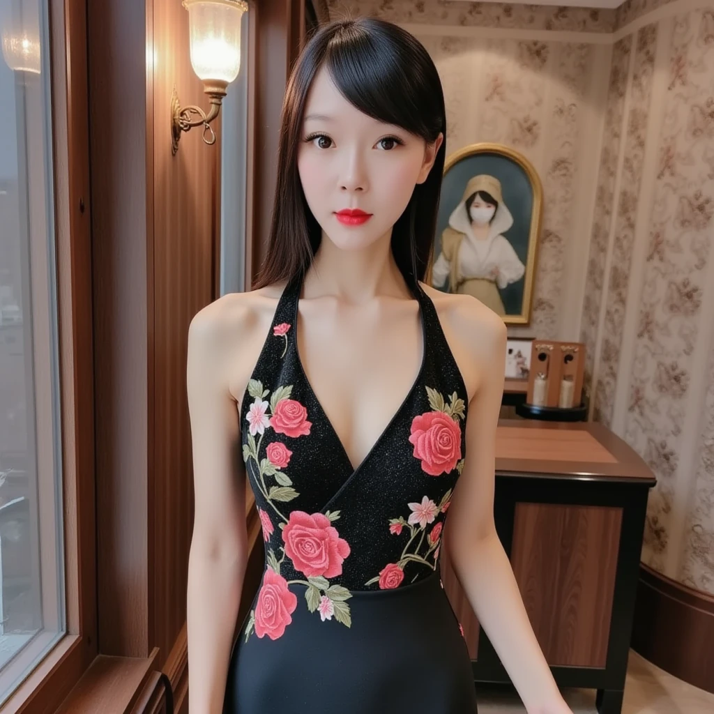 masterpiece, One girl per photo, Cowboy Shot, Front view, Young and wicked Japanese girls, Long Bob Hair, A beautiful morning view in front of you, Glossy Lips, Double eyelids on both eyes, Natural Makeup, Glossy smooth light, brown hair of Long Bob Hair, asymmetrical bangs, High resolution, Attention to detail, Detailed hairstyle, Detailed face, Octane Rendering, Ultra-realistic, Perfect limbs, Perfect ???????, ((Black choker, Red Eyes)), bangs, ((Lavender Chinese dress, Flower pattern)), Big Breasts, ((Slim body:1.5)), Cool Beauty, ((Slim face)), ((Straight Long Hair)),,Big breast swelling、NSFW:-1.2, Wood grain table, Wooden wall, Sticker、(Devilish smile, Evil Eye), Angry expression