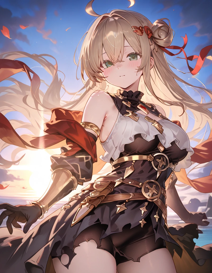 ((masterpiece)), (((best quality))), ((ultra-detailed))(a mature female:1.30),slim legs, black 🧦,(beautiful dress with golden trim),hair flower,（✋）,medium breasts,(lie down),earing ,(genshin impact),(large view:1.2),(yellow moutains),🍂,golden sky,(randomly cloudy:0.93),(magnificent 🪵 🏘:1.4),(randomly white birds:0.98),(river),((illustration)),((disheveled hair)),(bright background),