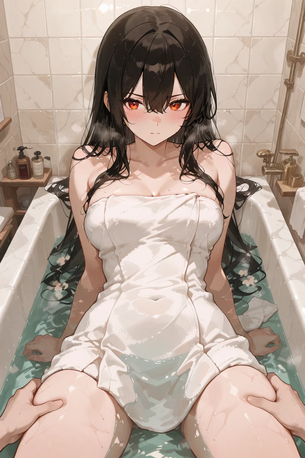 big, black hair,, bubble bath, nudity, illustration, anime, embarrassing, long hair