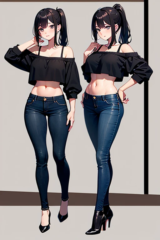 cute girl,cropped sweater,low-rise damaged skinny pants,happy,multiple views,gal,urbun gal,
