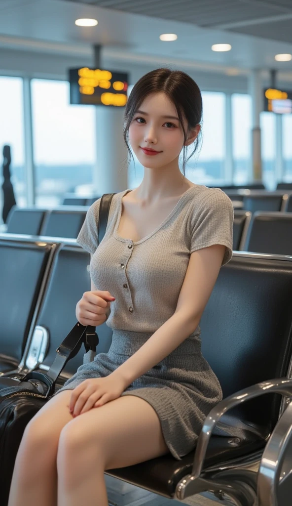 8K, An ultra-high picture quality,top-quality,​masterpiece,Photorealsitic,color photograph,Raw photo,in an airplane,Beautuful Women,dedicated flight attendant,Underwear models,bra very,Pleated Micro Mini Skirt,(skirt lift:1.5),I can see my panties through my skirt,knee sox,beauty legs,a smile,NSFW,