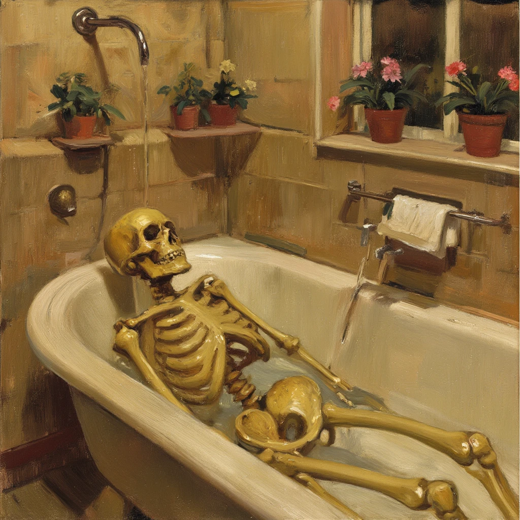 a cute woman's skeleton getting ready for shower,skin suit piling at feet,surreal scene,view from behind,skin halfway off,steamy shower,photorealistic,8k,highres,masterpiece,ultra-detailed,extremely detailed,physically-based rendering,vivid colors,cinematic lighting,dramatic lighting,moody lighting,dark fantasy,gothic,horror,dark art,morbid,creepy,unsettling