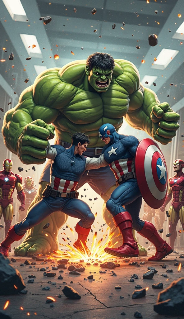 Imagine a preety boy age is 22 handsome slim and fit with six-pack and good body building standing in the beach and young hulk with full green is near to the boy's right side.the full pic is anime look the both are opposite to enemy the opposite enemy is captain America and iron man ,all are fighting in the same frame inside the situation actor Ajith is on hulk's solder