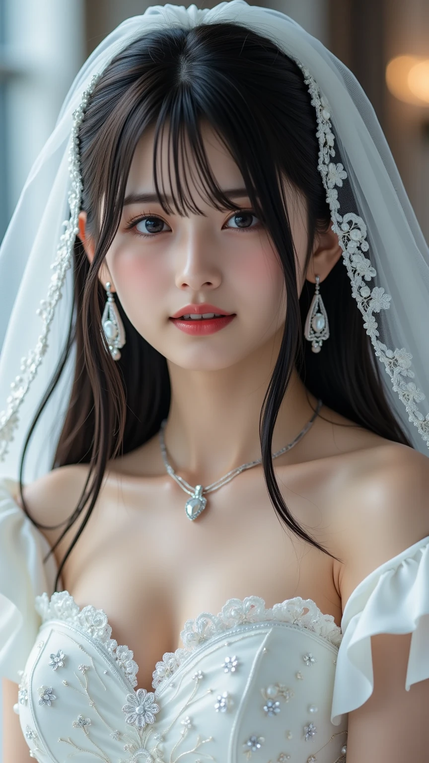 Top-quality Realistic, Official art, Highly detailed CG Unity 8k wallpaper,(masterpiece:1.3), (8k, photorealistic, RAW photo, best quality: 1.4), (1 girl), pretty face, (realistic face), (black hair, medium hair:1.3), beautiful hairstyle, realistic eyes, detailed fine eyes, (realistic skin), beautiful skin, (breasted top), absurd, attractive, super detailed resolution, surreal golden ratio, very detailed, Full body, Japanese Idol,(Floral lace Wedding dress:1.3),BREAK,(Heart shaped necklace),(Triangle ornament earrings),BREAK, (gentle smile like a goddess),(Extreme close-up),(in church surrounded by a majestic baroque atmosphere:1.2),standing position, Hold a bouquet in front of your chest,
