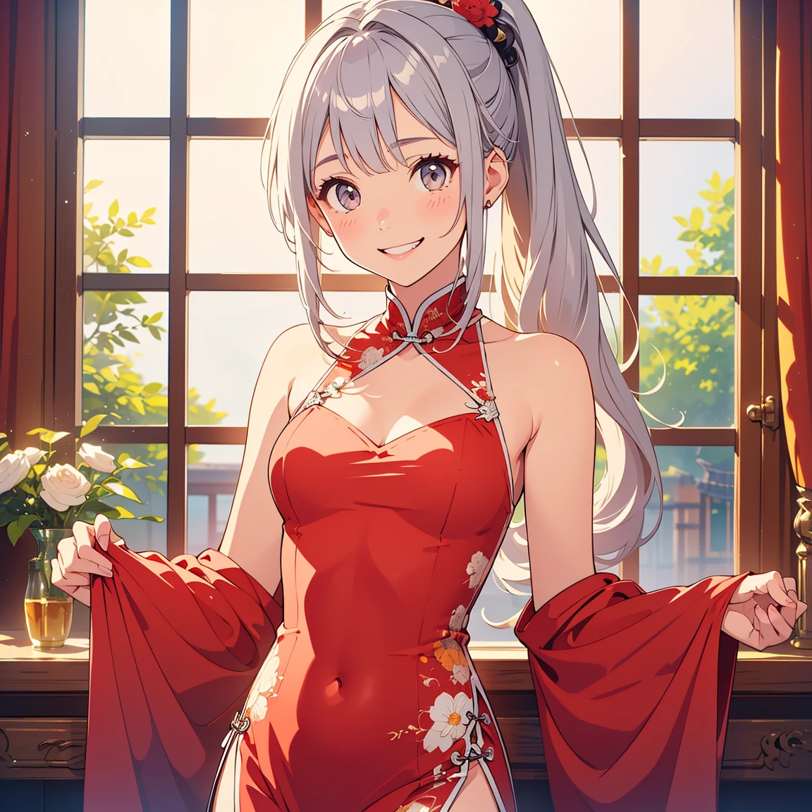 high resolution,smile,woman,woman1人,adult,cute, 2Two bun hair, Blonde Hair,Light blue eyes, Red Chinese Dress,whole body,front,Standing,BREAK,Background white,
