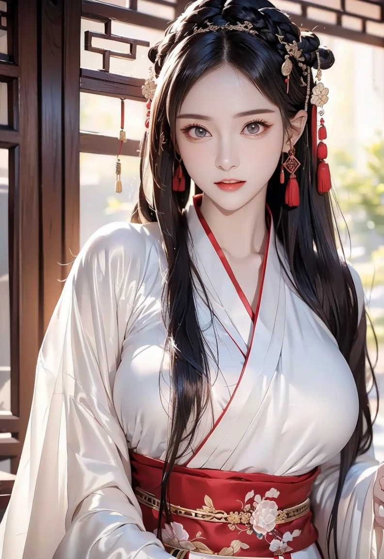 A woman in a white dress holding red and green syamisen, Beautiful character drawings, Japanese Goddess, Beautiful and attractive anime woman, Gweiz-style artwork, Beautiful Anime Woman, Beautiful Fantasy Empress, Inspired by Wu Zuoren, Inspired by Sukenori Nishikawa, Inspired by Du Qiong, Ancient Chinese Beauties,  Highly detailed CG unit 8k wallpaper, masterpiece, High resolution, highest quality, highest quality real texture skin, Super Real, Digital Painting, Best image quality, 最High resolution, 8k, ((Highly detailed eyes and face, Beautiful eyes every detail)), red iips, Hanfu, Big Breasts, Cleavage, 