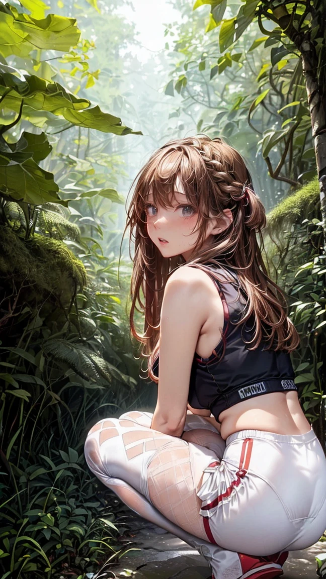 topquality, Horse Girl, Quiet Suzuka, ((Uma Musume))), Perfect skin, realisic skin, Detail Skin, 8K, (Breasts are small:1.5), beautiful breasts, A perfect chest, A serious look, concentration, brown hair, hairlong, Cyan eyes, horse ears, tail on the lower back, light reflection, (Desert camouflage), (View of the girl from below ), desert, Ruins, Whole legs, perfect foots, The girl is hiding behind the wall, combat, conflict, Hiding