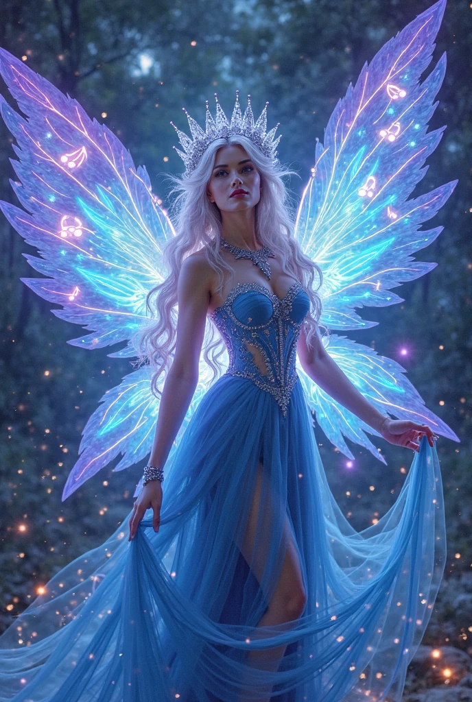 “Imagine a scene in an enchanted, futuristic forest where a cyborg fairy princess resides. She is a mesmerizing blend of delicate fairy beauty and advanced cybernetics. Her wings, a stunning lattice of bioluminescent fibers and micro-engineered metal, shimmer with iridescent colors, casting soft glows on the surroundings. Her attire is a fusion of royal elegance and high-tech armor, adorned with glowing gemstones and intricate circuit patterns. The forest is alive with both natural and digital life – trees with holographic leaves, flowers emitting soft LED lights, and tiny robotic creatures flitting around. The fairy princess is perched gracefully on a throne made of intertwining natural vines and sleek metal, her expression one of serene authority, reflecting her role as a guardian of both nature and technology. The atmosphere is magical yet subtly futuristic, with the forest bathed in the ethereal light of a binary moon, creating a scene that is both otherworldly and captivating.” Masterpiece, UHD.