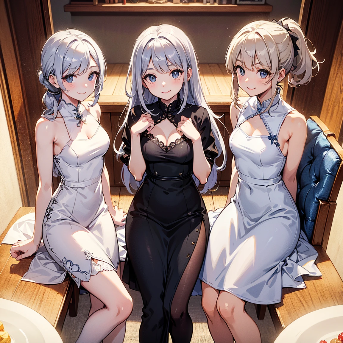 (multiple girls),3girls,realistic,(masterpiece, high quality:1.2) ,photorealistic, raw photo, wide angle lens, <lora:harem_4:0.3>, gokkun, kiss, (yuri), 1 girl, adult woman, freckles, teal eyes, platinum blonde wedge cut hair,,(1girl, old female:1.2), blue eyes, graying hair, fade with goatee,,1 girl, adult (elven:0.7) woman, dark brown eyes, chestnut ponytail,, Sitting, pretending to hold a teddy bear's tea party ,<lora:colorloss-000020:0.26>, science fiction, beautiful, trippy, beautiful, trippy, sublime composition,
<lora:prayhands3:0.37> prayhands, own hands together, interlocked fingers, own hands clasped nsfw