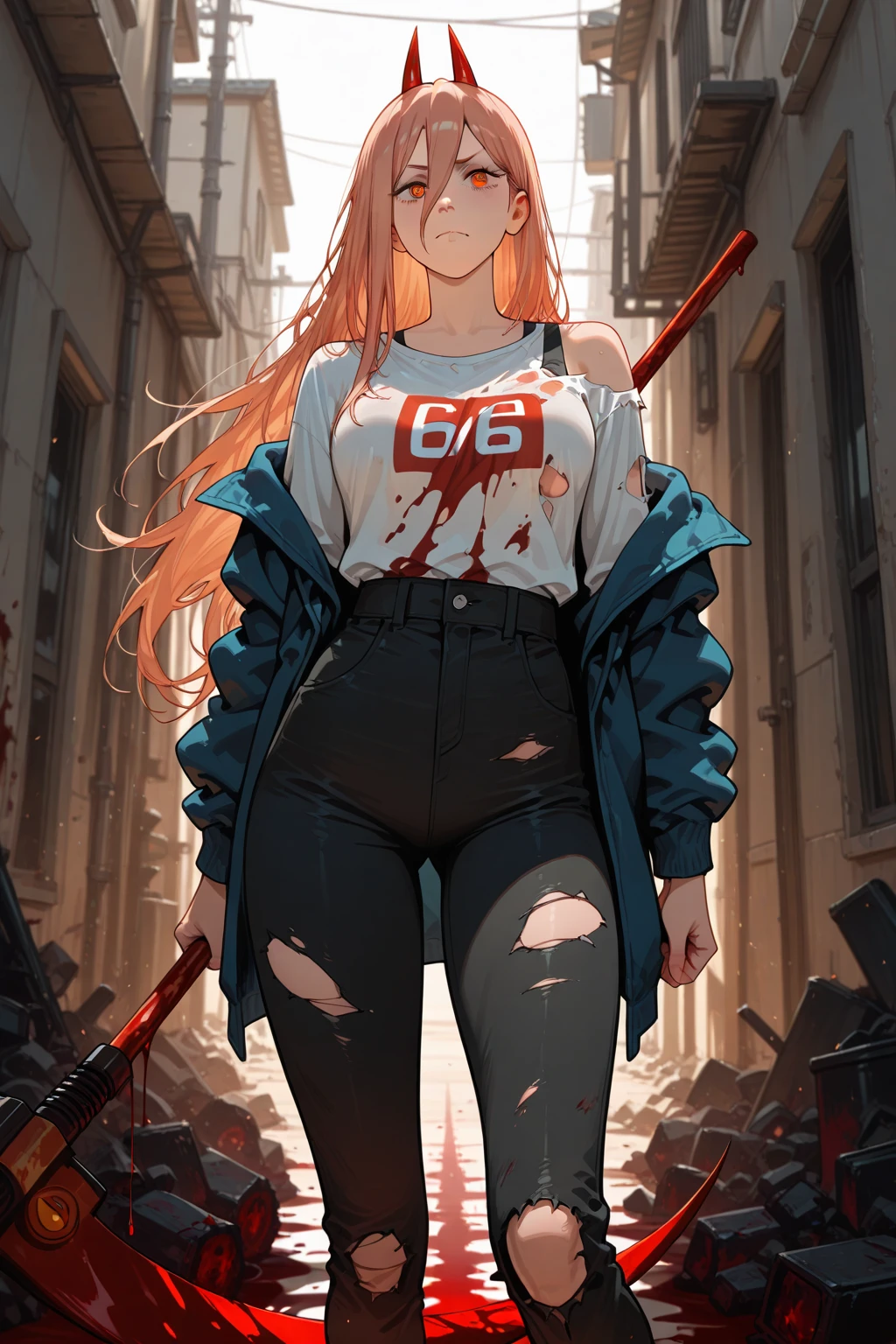 Power (chainsaw man), masterpiece, holding a blood scythe and blood hammer, in the midst of combat, ripped clothes.