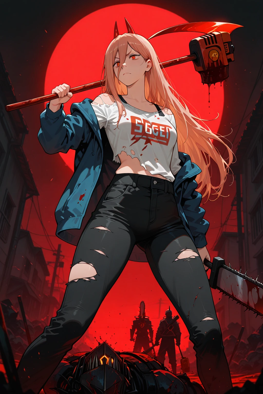 Power (chainsaw man), masterpiece, holding a blood scythe and blood hammer, in the midst of combat, ripped clothes.
