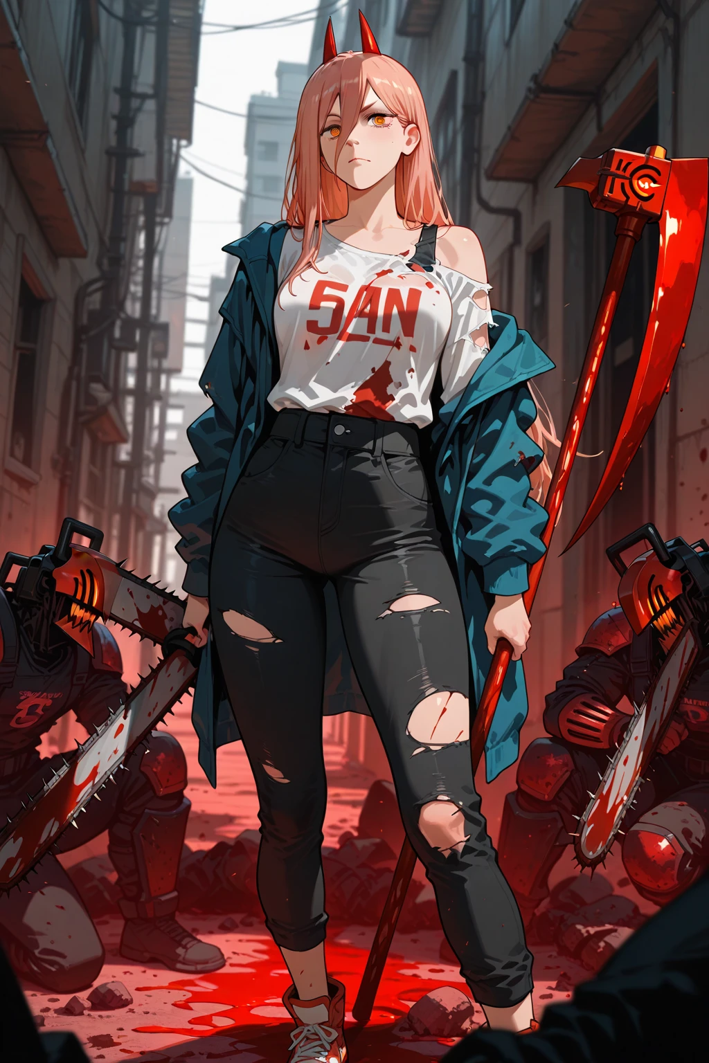Power (chainsaw man), masterpiece, holding a blood scythe and blood hammer, in the midst of combat, ripped clothes.