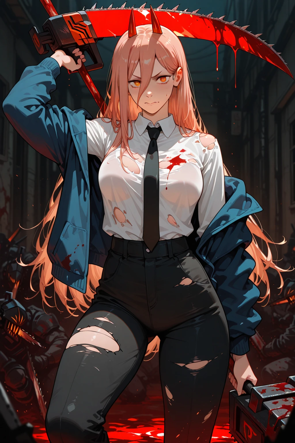 masterpiece, best quality, 1girl, beautiful, slim, long hair, red hair, beautiful woman, mature woman, royal queen, sitting, rope, shibari, bondage, suspension, spread legs, chains, hands bound behind her back by thick ropes, bound by many ropes, white shirt, long sleeves shirt, collared shirt, black necktie, bangs, huge breasts, breasts covered in shirt, arms bound behind her back, perfectly drawn feet, perfectly drawn toes, perfectly drawn hands, perfectly drawn fingers, both hands tied behind her back, both arms tied behind her back, perfectly drawn eyes, makima \(chainsaw man\), long sleeves shirt, long braided hair, golden eyes, glowing eyes, crying expression, crying, tear, high definition, thick chains, many chains, old warehouse, broken, dirty, night, dark, helpless, feeling hopeless, (blood in her nose), (blood on her face), ((blood on her lips, blood in her nose, blood on face)), ((blood in mouth)), (open mouth), (left eye closed), ((non-nude)), office lady unifrom, (long black trousers), ((non-nsfw)), (full legs covered in long black trousers), (blood on shirt), looking at the camera, (revealing cleavage),
