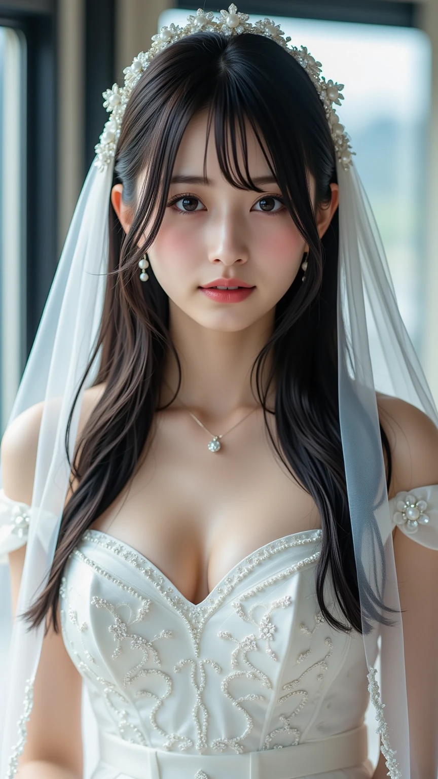 Beautiful bride,Head flower，headdress，（Bandeau wedding dress：1.5），（Silk dress：1.2），dress，necklace，earring，huge tit，Neck ornaments，Deep V peach heart collar wedding dress，Liuhai，Bouquet，mitts，Bridal veil，Transparent veil，Bust photo,（Strapless wedding dress：1.5）,full bodyesbian,lipstick