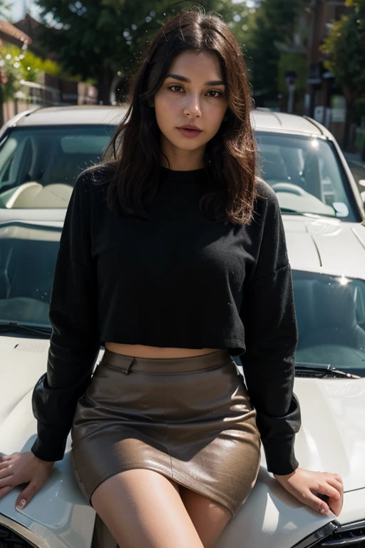 brunette woman (size dark hair with size tits in sweater) in a car with a 