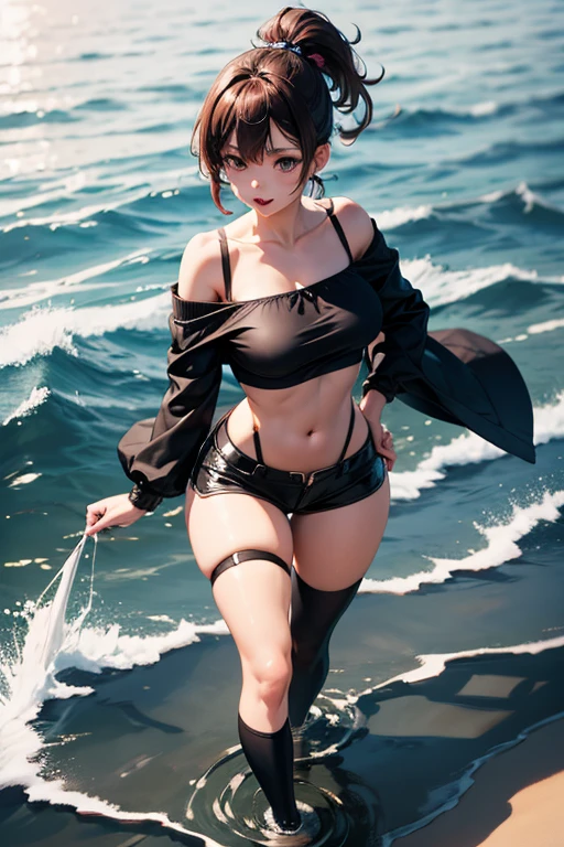 Anime girl with dark bluish hair in bermuda de latex and a latex corset, 16 years old, beautiful body, big breasts, with her hands on her waist, hands in her hair, Sexy girl, bluish hair, side strands of hair with a pink bow, strands of hair with a bow on the side of the face, beautiful lighting, soft shadows, brown eyes, beautiful toned legs, short hair, anime style, hand on the waist, hand in the hair, character Akane Tendo, Author Rumiko Takahashi, Based on a work by Rumiko Takahashi, Anime Ranma 1 / 2, sexy cleavage, robust hips, full body, full body, big bust, young girl with nice and beautiful body, sandals on her feet, girl 16 years young, wearing bermuda latex and latex corset, anime girl, anime style, beautiful feet in sandals, 45° viewing angle, outdoors, big breast, beautiful breasts, black hair, sandals on feet, beautiful legs, sexy, beautiful legs, Sandals, big breasts, full body, full body, feet with sandals, big bust