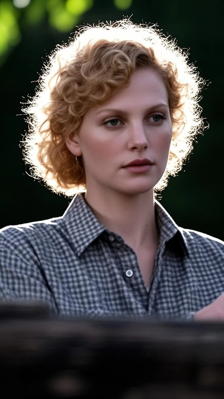 Girl , Red-Haired , freckles , shy short hair , very  , wears a blouse, Blouse buttoned up to the top, visible buttons on the blouse, adult ,Sleeve style suit