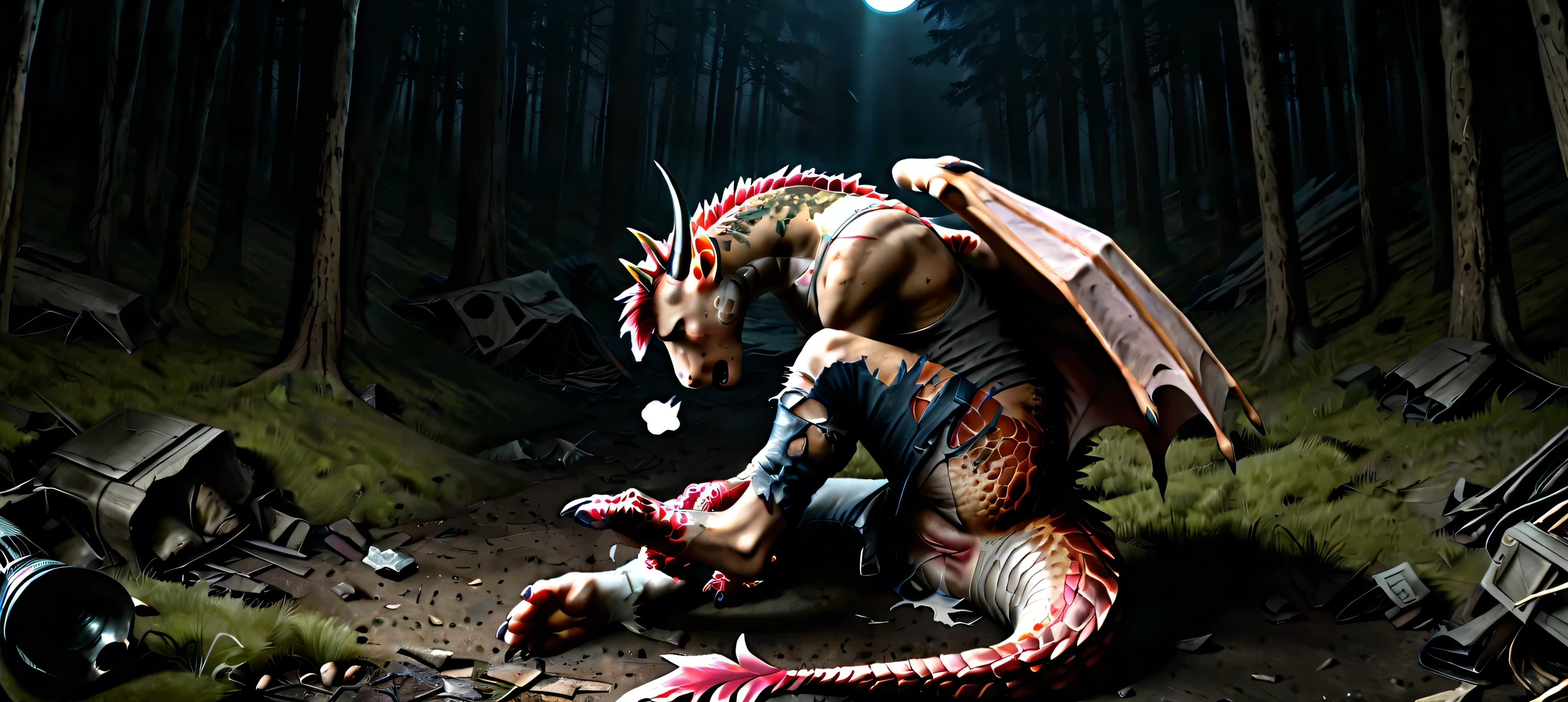 Pov:1.3, point of view, pov view, view from top:1.3, view from ground, high angle, fetal position, sitting, lean on ruins, own long body, long neck, own legs, human feet, wings, transformation, human morfing into dragon:1.3, feral dragon, tail, claws, paws, [scales: human skin:0.8], human skin: 1.2, gradual scales, ultra realistic scales, shining, spotlight, tattered, torn underwear, tattered pants, scraps around, in pain, hard breathing, shaking, wound, eggs from pussy, sperm, scars, scratched, nsfw, forest, night, lonely trail, abandoned camp, abandoned hut, cave, trash, Realistic, 4k, 8k, RAW, HDR, UHD, high resolution, hd, full colour, 4k, high definition, sharp focus, smooth, Professional, cinematic, extreme detail, description, masterpiece, best quality