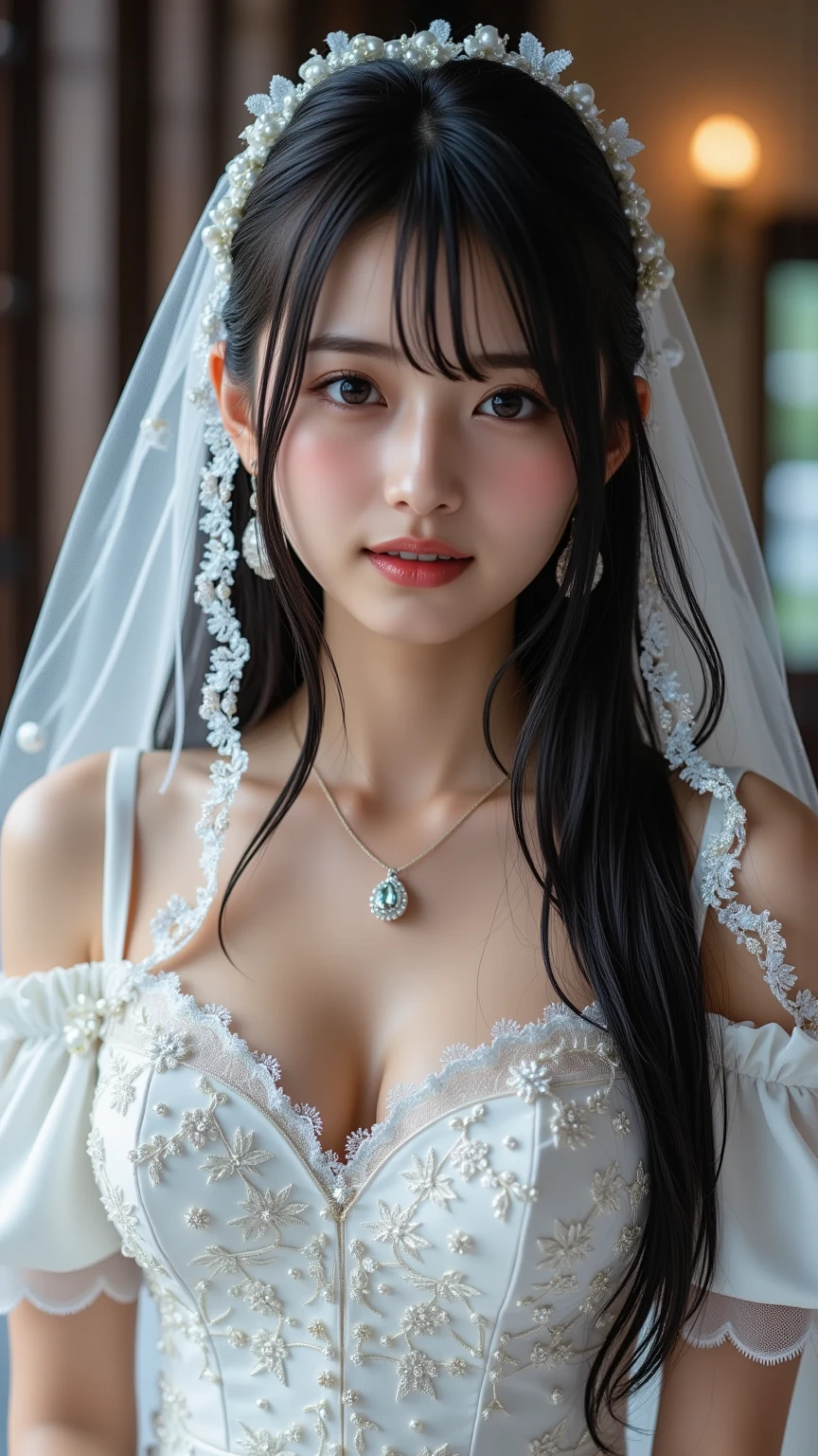 (((Pixel Perfect, Perfect details))), 2 girls,Shoulder to Shoulder,bride,yuigahama yui, 美丽bride穿美麗婚紗的特写,Gulwitz, Bare shoulders,blush,Eyeshadow,Blushing face,bride頭花,bride頭飾,bouquet,wedding veil,bride手套,(bride頭紗:1.5),(Transparent short veil:1.5),(bride捧花:1.2),(tube top wedding dress:1.5),(strapless dress:1.5),Pure white dress,necklace,(earrings:1.2),(large breasts:1.3),Bangs,Lipstick,(elbowgloves:1.4),Half-length photo,High Detail RAW Color Art,White long skirt,only one railway track,(walk on the rails:1.3),18 years old,(Long twin tails:1.5),(Double bun:1.5), Black Hair