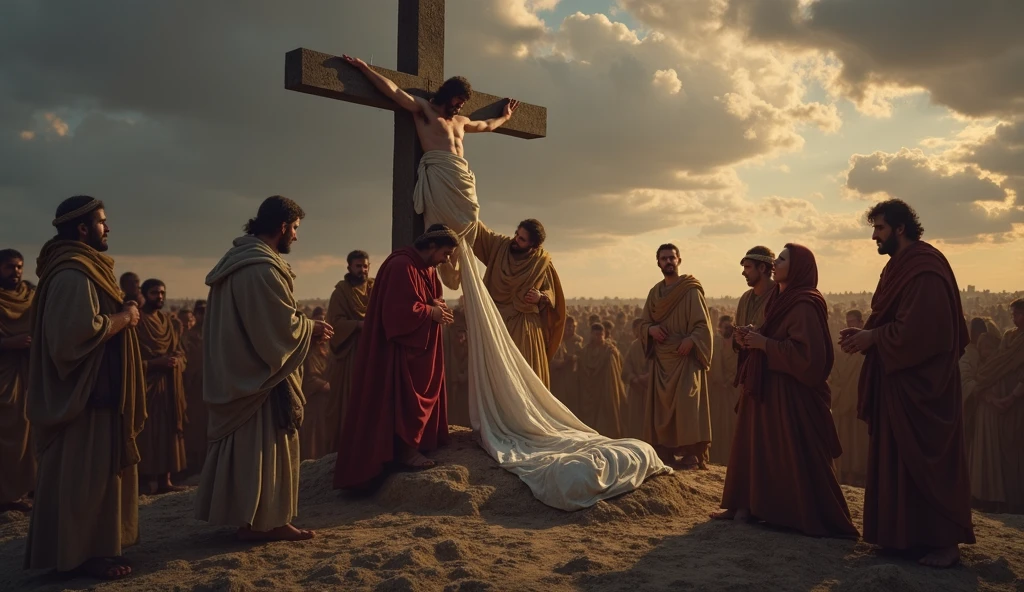 A man on a cross, being wounded by a Roman soldier, he is wounded by a spear and water and blood must come out of the wound. Right next door, put a man watching the whole scene.