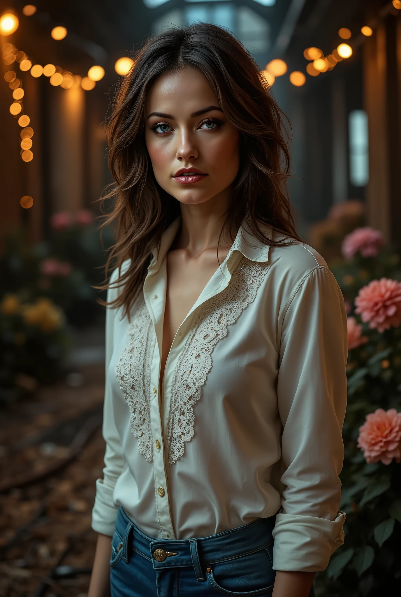 Foto hiperrealista en primer plano de brunette woman, masterpiece, best quality, (photorealistic:1.4), (luxury long button up lace shirt :1.15), (blue jeans:1.2), cinematic light, wavy hair, in a old abandoned factory, amber twinkle lights in background, romantic lighting, (surrounded by flowers:1,15)