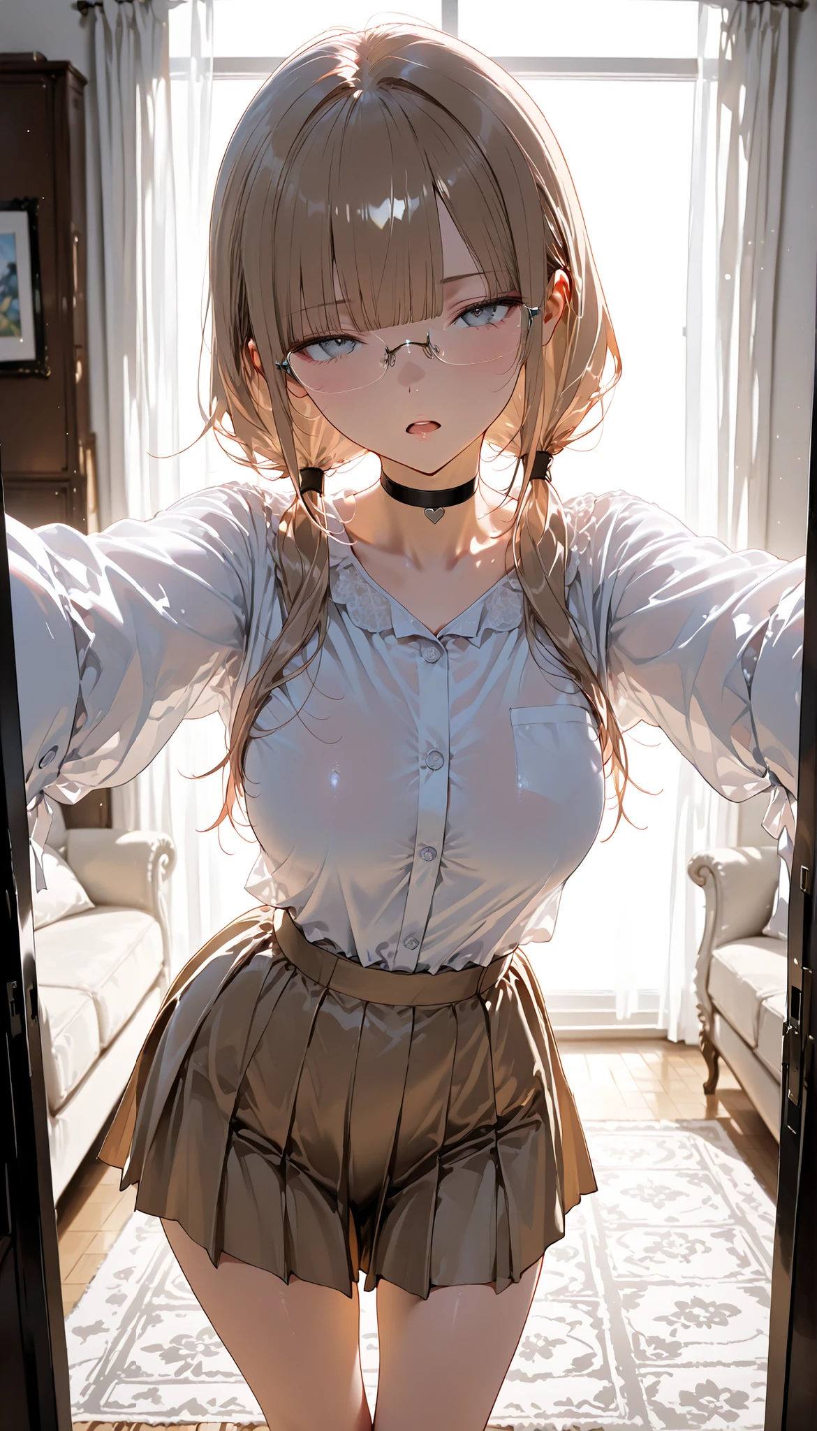 (dynamic angle), in the Living room, sofa, (upper body), completely nude, girl1,pale Light orange Hair, long hair, twintails, hair ribbon, (ultra-detailed brilliant eyes), (small nipples:1.2), (small areolas:1.2), kawaii, cute, pale purple eyes,(shy), (blush),light smile, (White nude apron lift:1.2),