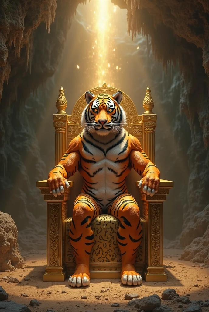 A TAMIL PRINCE WEARING A GOLDEN TIGER MASK SITTING ON A THRONE OF GOLDEN TIGERS IN BOTH SIDES AT HIS GREAT PALACE 4K 16:9 aspect ratio