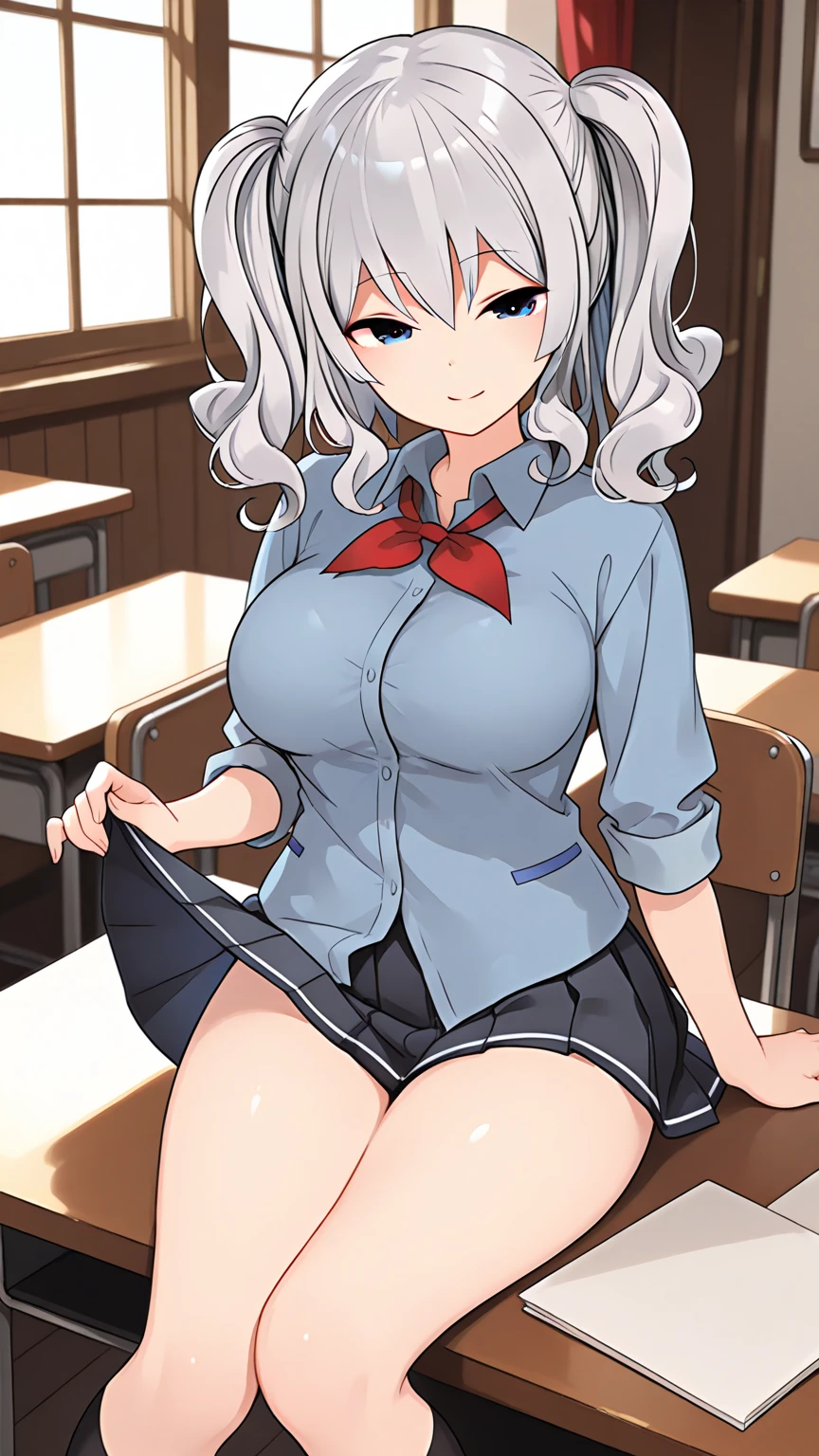 (((Spread your legs、Lace panties))、(((Emphasize the crotch)))、Highest quality, 8k, masterpiece :1.3)), whole body, Sharp focus :One Girl,Glowing Skin,Sexy pose,Highest quality,Tabletop,shape,Very delicate and beautiful,Hmph,8k壁紙,wonderful,In detail,Official Art,Very detailedなティッカーUnity 8k壁紙,Unbelievably ridiculous,Large file size,Very detailedな,High resolution,Very detailed,Beautiful detailed,Realistic,X-ray,The queue is full,(((セクシーなUniform Blazer、mini skirt)))、(((Big Breasts、Silver Hair)))、(((School、classroom)))、Stand upright、Cleavage , ((Silver Hair))、Uniform Blazer、exy pose、Her hairstyle is twin tails..、both hands