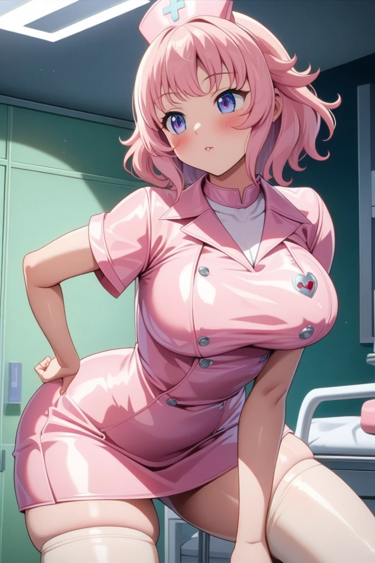 pelo rosa, pelo color rosa intenso, pink hair, ojos azules intenso, ojos color azul, intense blue eyes, electric blue eyes, blue eye color, labios enormes, labios hinchados, ponytails hairstyle, ponytails, pechos grandes, pechos enormes, Figura de reloj de arena, (cintura estrecha), confianza, superioridad, bratty, brat, malcriado, bully, muslos gruesos, pendientes, arriba, diafragma, sonrisa, medio plano, evil sonrisa, sudoroso, cara de gemido, nurse, sexy nurse, nurse dress, big srynge on hand, white skirt, big tits, from the front, in a hospital room (beds, tv, biombo, global ilumination), big breasts, grande culo , big hips, front