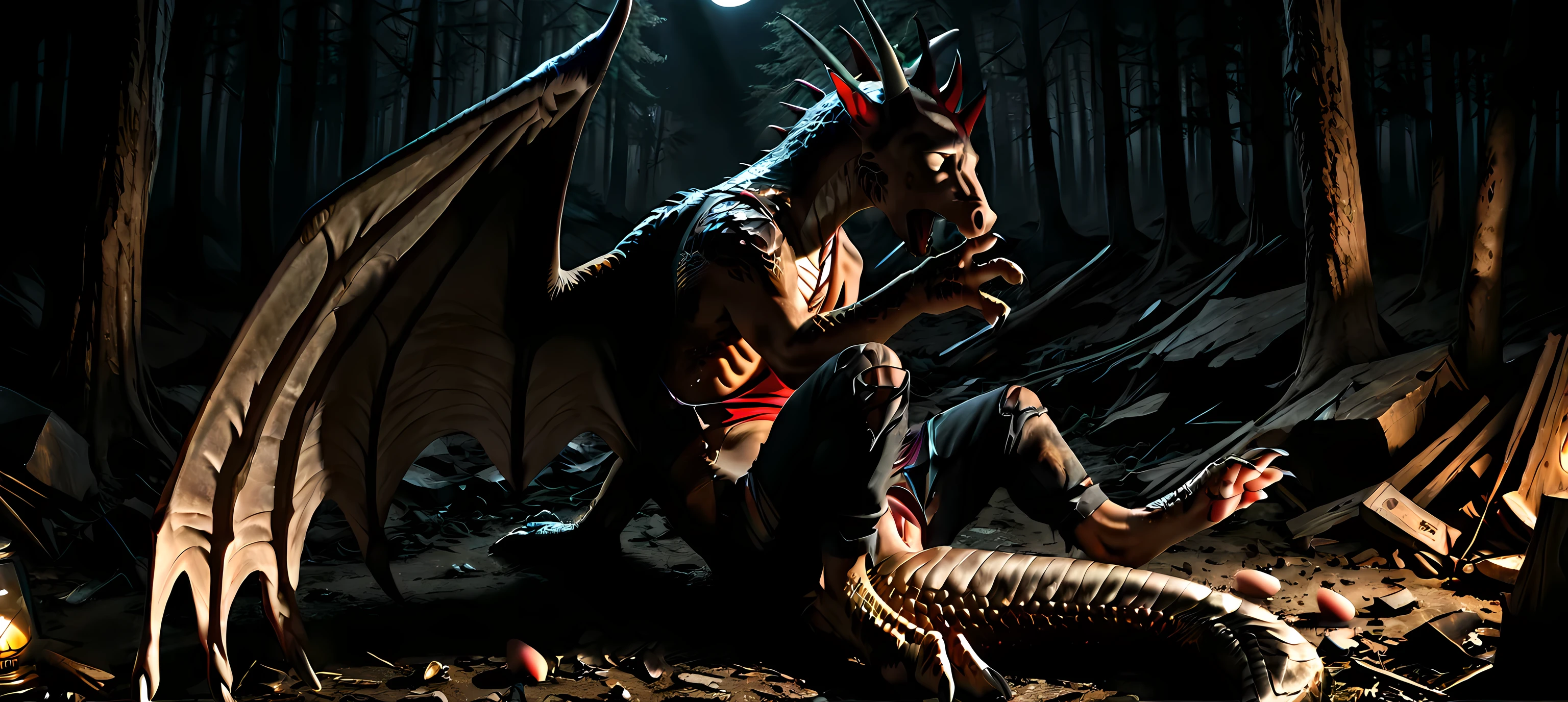 Pov:1.3, point of view, pov view, view from top:1.3, view from ground, high angle, fetal position, sitting, lean on ruins, own long body, long neck, own legs, human feet, wings, transformation, human morfing into dragon:1.3, feral dragon, tail, claws, paws, [scales: human skin:0.8], human skin: 1.2, gradual scales, ultra realistic scales, shining, spotlight, tattered, torn underwear, tattered pants, scraps around, in pain, hard breathing, shaking, wound, eggs from pussy, sperm, scars, scratched, nsfw, forest, night, lonely trail, abandoned camp, abandoned hut, cave, trash, Realistic, 4k, 8k, RAW, HDR, UHD, high resolution, hd, full colour, 4k, high definition, sharp focus, smooth, Professional, cinematic, extreme detail, description, masterpiece, best quality