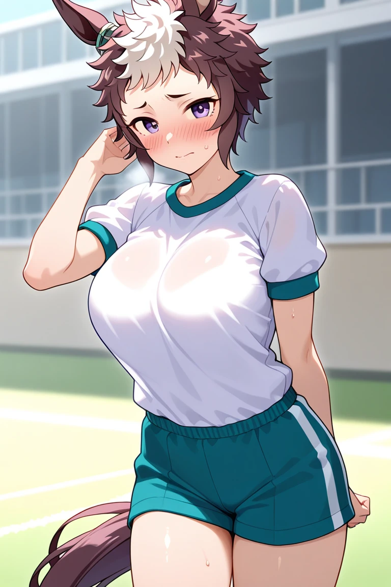 One Girl, Blue short hair,Sweaty,Bright smile, Sportswear, Shorts,Bursting with huge breasts,Track and field club,playground,evening,Leaning forward,Arms folded behind back,Looking up,Blushing,
Looking at the audience,
highest quality, High resolution, unity 8k wallpaper, Perfect lighting