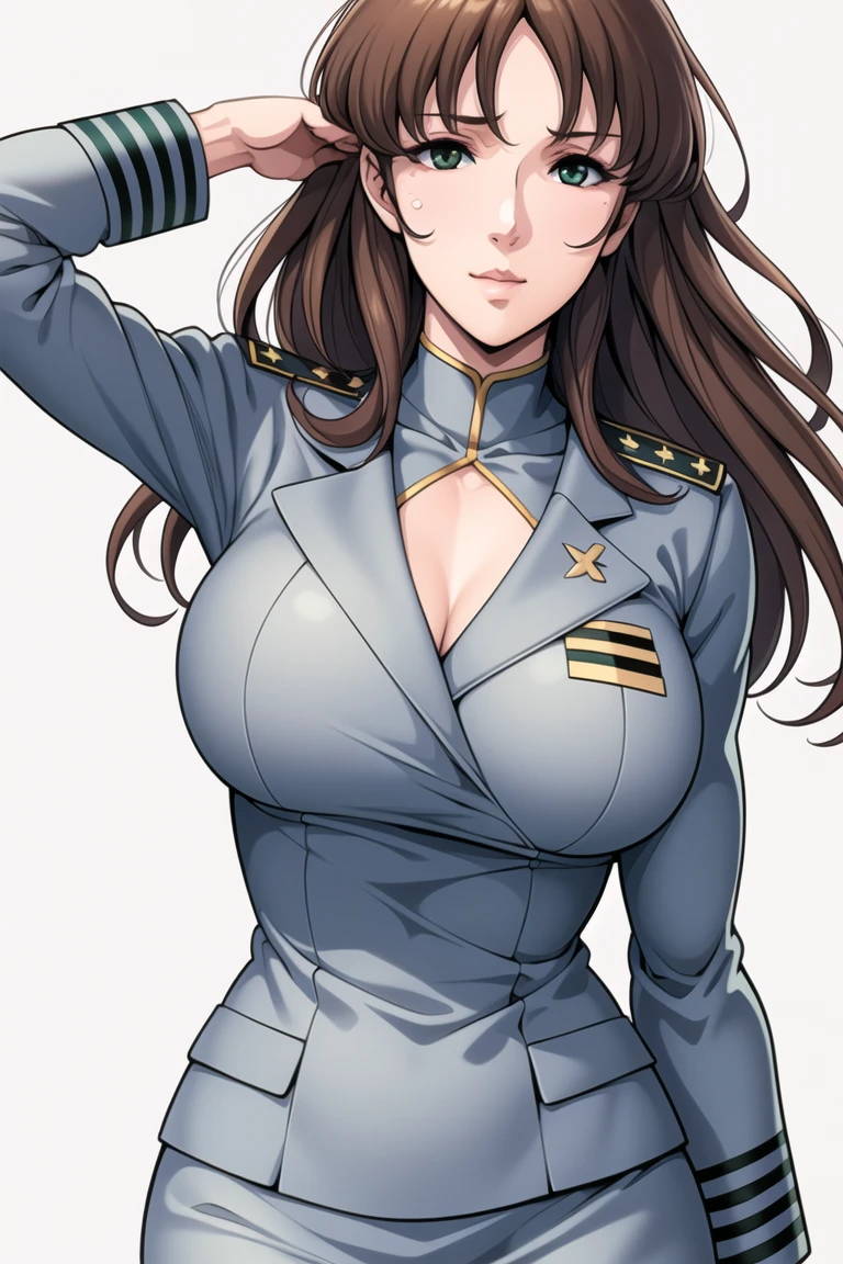 joyful saluting gesture saluting gesture saluting gesture saluting gesture black hair yellow eyes pale skin muscular girl massive breasts military uniform