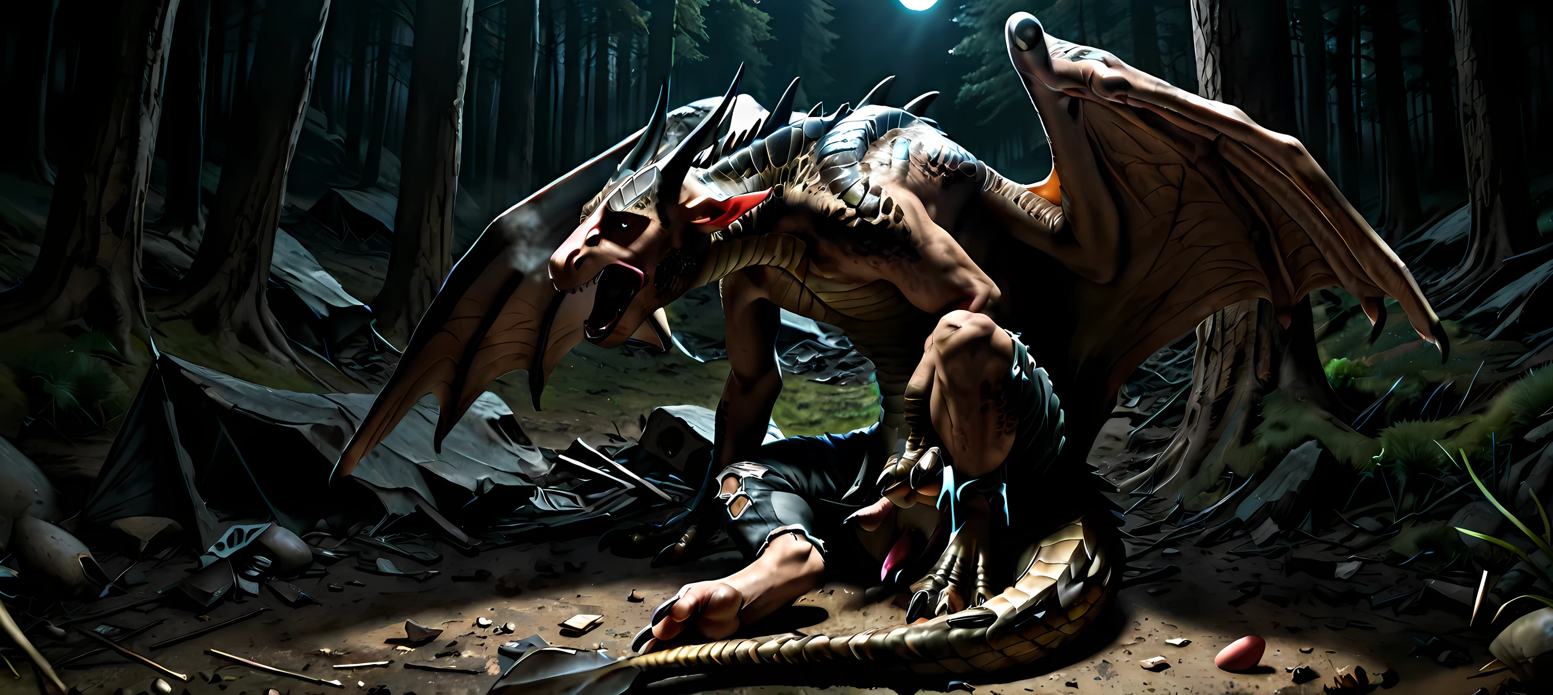 Pov:1.3, point of view, pov view, view from top:1.3, view from ground, high angle, fetal position, sitting, lean on ruins, own long body, long neck, own legs, human feet, wings, transformation, human morfing into dragon:1.3, feral dragon, tail, claws, paws, [scales: human skin:0.8], human skin: 1.2, gradual scales, ultra realistic scales, shining, spotlight, tattered, torn underwear, tattered pants, scraps around, in pain, hard breathing, shaking, wound, eggs from pussy, sperm, scars, scratched, nsfw, forest, night, lonely trail, abandoned camp, abandoned hut, cave, trash, Realistic, 4k, 8k, RAW, HDR, UHD, high resolution, hd, full colour, 4k, high definition, sharp focus, smooth, Professional, cinematic, extreme detail, description, masterpiece, best quality
