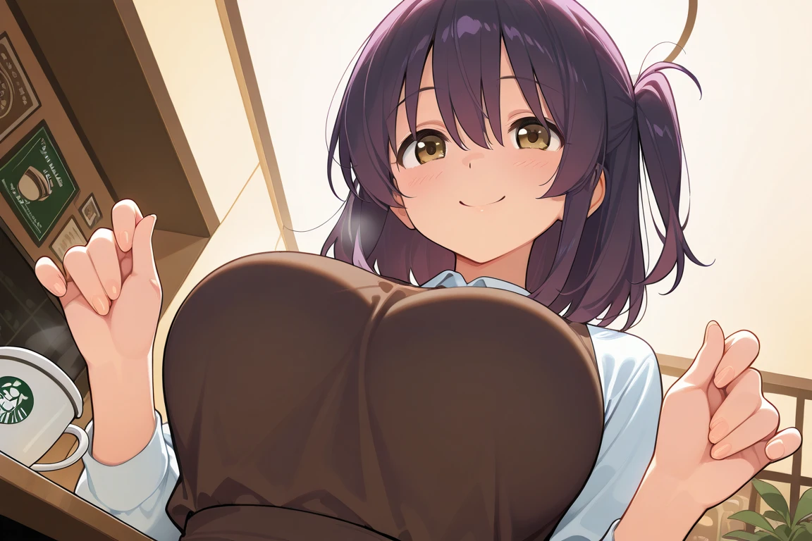 ,,1girls, 1boy, paizuri, , , from above, penis between the breasts, breasts squeezed together, nipples, naked, closed angle, assisted naughty, nice body, sweat, nipples, pubic hair, naughty face, horny face, 