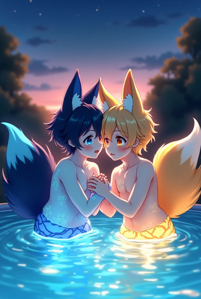 a horny male Zeraora in heat sitting on a rock while having his penis sucked, 2 boys, full body shot, pink hair, yellow hair, blue eyes, purple eyes, side view, from side, fellatio, penis in mouth, penis ballsdeep in mouth, penis balls deep in mouth, penis fully hidden in mouth, deepthroat, oral sex, blowjob, suck dick, suck penis, grab head, 2 boys, two boys, two males, duo, male male, ray tracing, bloom, lighting, reflections, high quality, detailed fur, 18 years old, teenagers. two males, (Libido Boy, Shota), male Zeraora, shota male Zeraora, Zeraora, Zeraora fur, Zeraora Head, Zeraora body, (Zeraora body), yellow fur, (human body), (human skin), human boy, gay, erect penis hanging in the air, blue eyes, green eyes, jungle, river, roots, dark, night, no lights, fairy lights, darkness, fireflies, blushing, heavy blush, blushing heavily, drooling, moaning, cum, cum in mouth, cum dripping from mouth