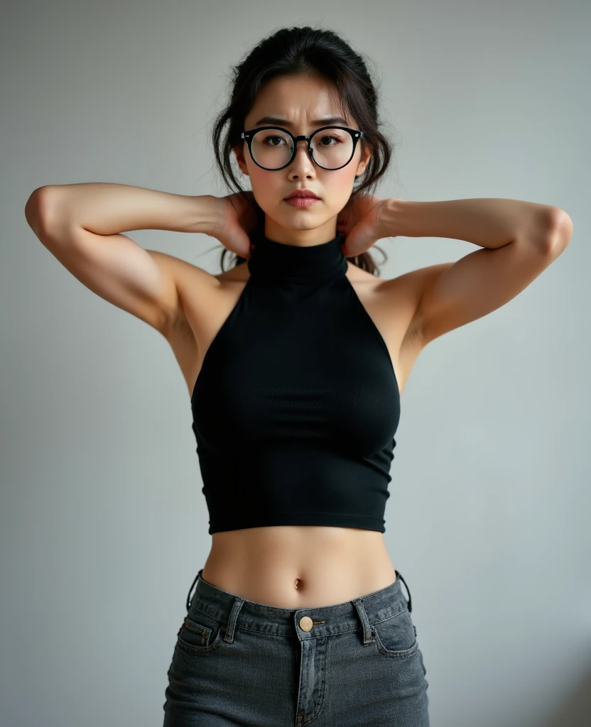 A Japanese belly dancer girl dances by raising both hands above her head while tilting her hips., wearing a red school uniform and red thigh-length jeans, his entire body facing the camera and his deep, dark navel, sighing facial expression, wearing glasses, real human photos