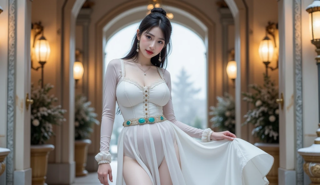 (((very heavy chest))),NSFW, 16k raw photos, highest quality, masterpiece, ultra high resolution, ((highly exposed)).movie, 1 girl,((attractive expression)),eyes shine、 looking at the viewer, 自然な肌の質感very heavy chest))),((((Ivory wedding gown with intricate silver star embroidery:1.4) paired with (metallic silver heels:1.1). Accessorized with (crystal star hair pins:1.3), (moonstone drop earrings:1.2), and (a delicate bracelet with tiny star charms:1.0). ))).star handle mold、((yellow eyes)),Realistic eye and face details, lip whole, lipstick makeup), ponytail, laughter, 美feet, tall woman, ((glowing skin)),((美しいarmpit)), slim_feet, huge breasts, cleavage, beautiful natural places, beautiful flower garden、(detailed background,highly exposed, huge breasts, blurred background,, JK ribbon at the neck, bracelet, water, bangs, split your lips、armpit、beautiful hip line、glowing skin、(((eyes shine brightly))),lotion skin、High leg、((black hair)),highly exposed、Beautiful school background、wind effect、detailed lace veil