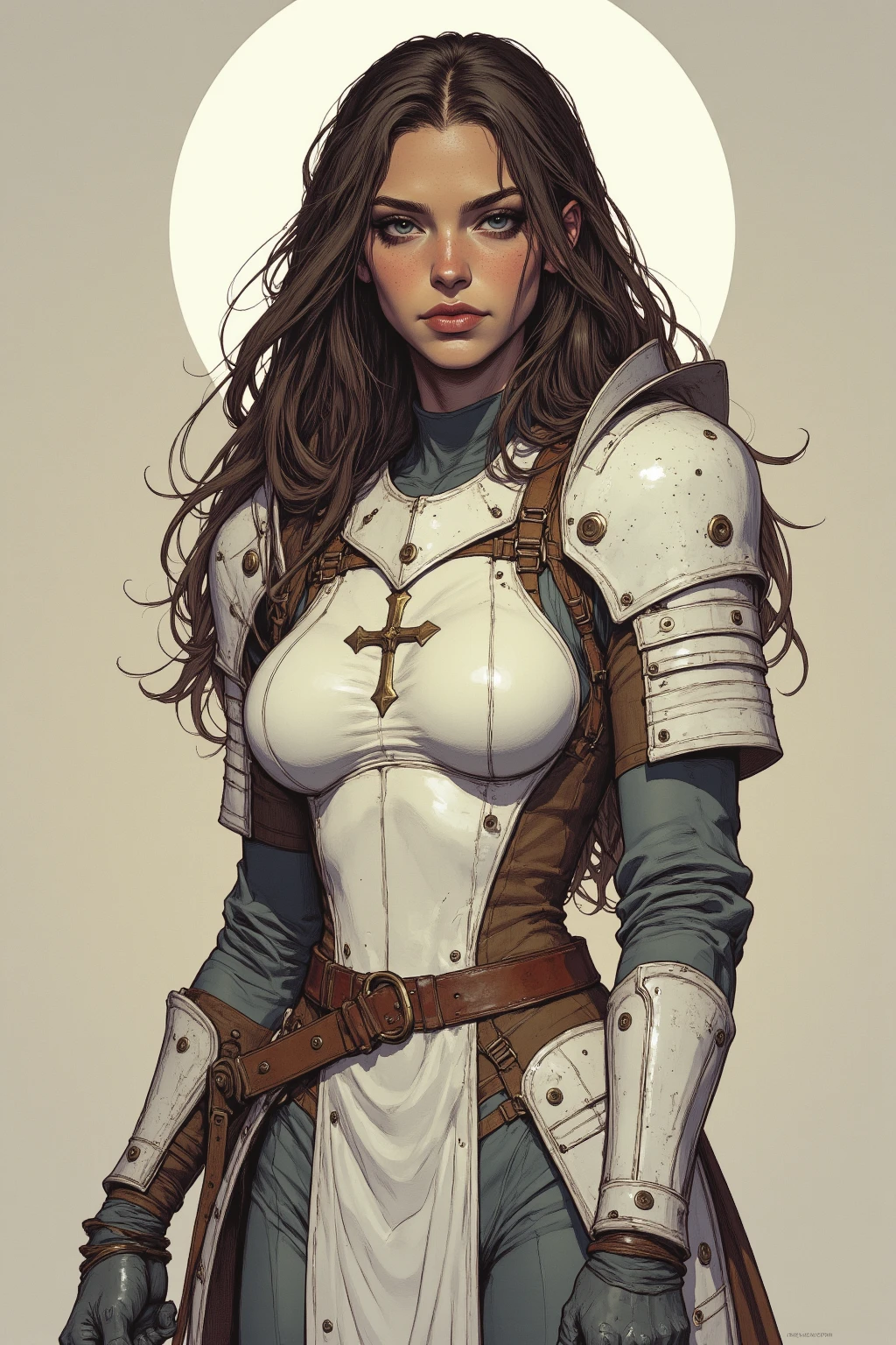 WAB Style digital drawing of, Buxom charming heavy armored HR Giger inspired knightess with flamboyant towering shoulder Armor And long Hair, Freckles, shaded eyes, vibrant creativity in a single frame, a kaleidoscope of DARK Red and Grey colors, She holds an old, impressively large weapon in her hand, exuding a laid-back yet dangerous vibe. The photo features faded colors, with a limited palette of gray, beige, and washed-out orange, capturing her cool, striking appearance..