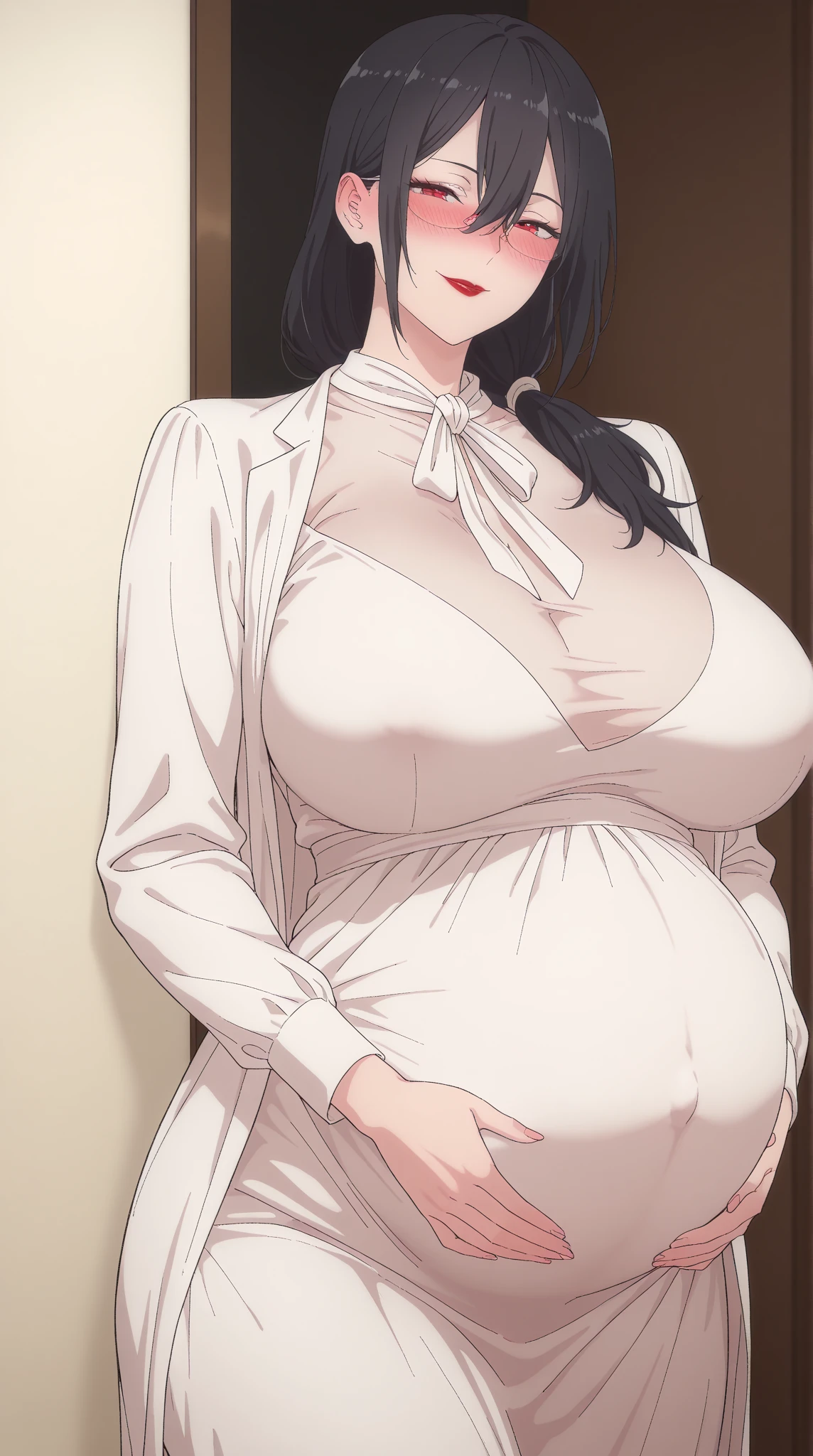 1girl, 25yo sofia takigawa_jav, breasts, eyelashes, looking at viewer, cowboy shot, standing, dynamite lighting, attractive body, wearing office attire, navy blue blouse, light gray singlet, belt, black pencil skirt, sheer gray pantyhose, brown knee heel boots, giving birth, having contractions
(ulzzang-6500:0.0), (ultimate quality, masterpiece, highres:1.0), (photorealistic, realistic:1.9), nice hands,