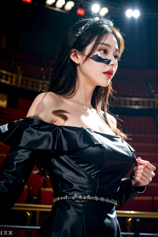 realistic photos of 1 cute Korean star, absurdly long hair, hair ribbon, white skin, thin makeup, 32 inch breasts size, slightly smile, wearing Batwoman costume, in front of the cinema, emphasis line, upper body portrait, UHD