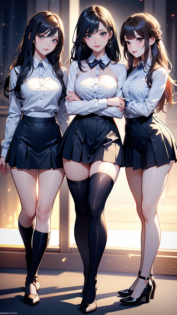 (high quality, 8k, 4K, high contrast, artwork:1.2, high quality, best aesthetics), (dynamic angle), ((3 woman)), erotic, sensual, mature body, super detailed, beautiful face detailed, beautiful eyes detailed, detailed beautiful mouth, sexy body, perfect breats, perfect wide thighs, (3 girls centered next to each other looking at the viewer), (all 3 are using: white dress shirt, black tie, short black skirt, long white socks), (empty classroom in the background), (purple hair), (red hair), (blonde hair), (one of the 3 has dark skin while the other two are white)