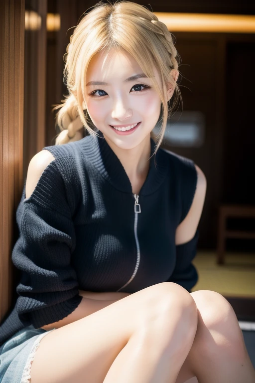 Cute high school girl squatting in the school classroom，red tie uniform,Dark Blue Closed Blazer,Super super super mini skirt with blue plaid pattern:1.2,18-year-old,best smile,thighs,knees,pretty girl，slender girl，Blonde short cut with side waves:1.4，wear cute sneakers，white panties:1.5，