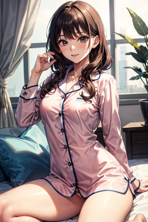 Adult female、Anime characters、Brown bob hair、black eye、blush、Embarrassed、Big round eyes、anime girl,smile,cute face,Rich man、rich、Luxurious pajamas、Luxury bed、Sexy pose、HQ、high resolution、disheveled pajamas、Accentuate the chest、Raise your arms、Out of place clothes、legitimate